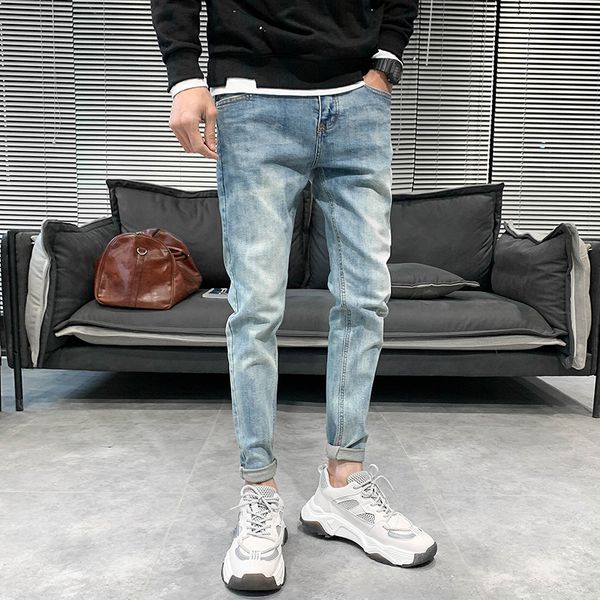 

высокое качество light blue men jeans весна 2020 все match тонкий fit натяжные denim jeans men streetwear hip hop брюки