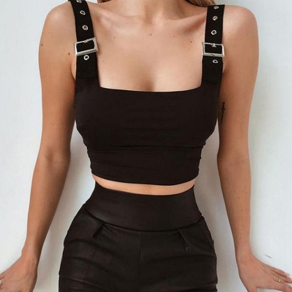 

women's fashion sleeveless tank summer ladies solid color adjustable strap crop slim shirts party club wear black tee, White
