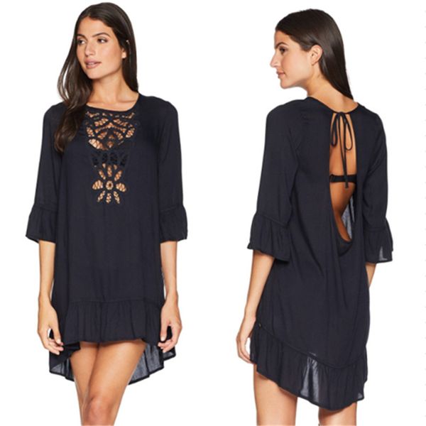 

beach outings for women 2019 women' tunic bathrobe the separate swimsuit new rayon spell lace embroidery backless smock dress, Blue;gray