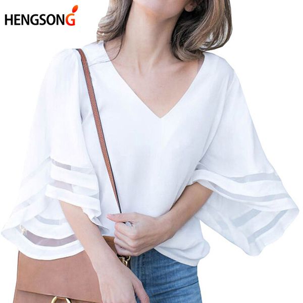 

summer new women shirt female casual loose solid color shirt ladies fashion patchwork flare sleeve blouse for women, White
