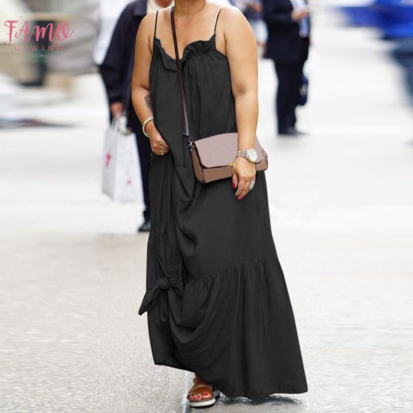 

spaghetti strap summer long dress women sundress 2020female v neck backless vestido stylish ruffle maxi dress robe femme, Black;gray