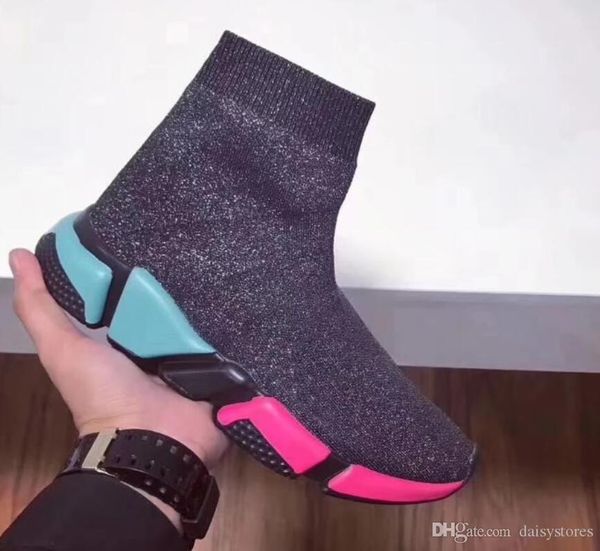 

double box mixed color sole speed trainer casual shoe man woman ankle boots new stretch-knit slip on elastic race runner sneaker pink yellow