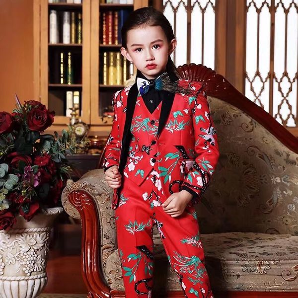 

new style flower notched lapel girl suits one button wedding suits children party tuxedos girl smoking blazer (jacket+pant+vest, Black