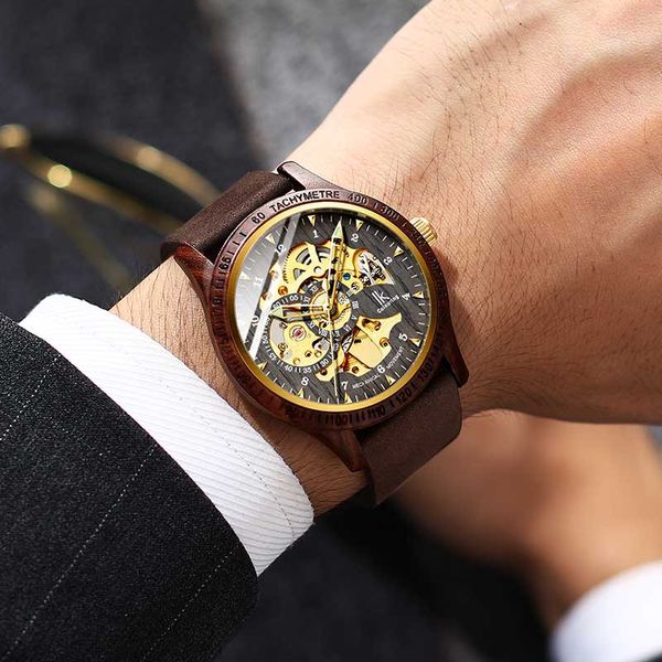 

ik colouring men watch fashion casual wooden case crazy genuine leather strap wood watch skeleton auto mechanical male relogios, Slivery;brown