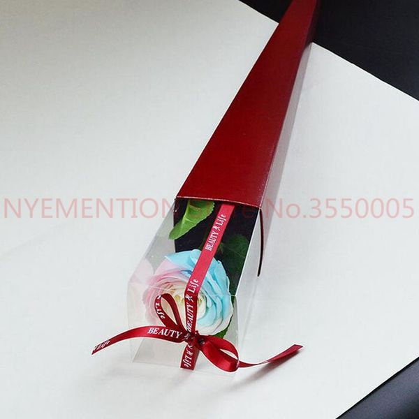 

delicate flowers gift box packing single rose holder pvc triangle box with ribbon floral arragement florist supplies 200pcs