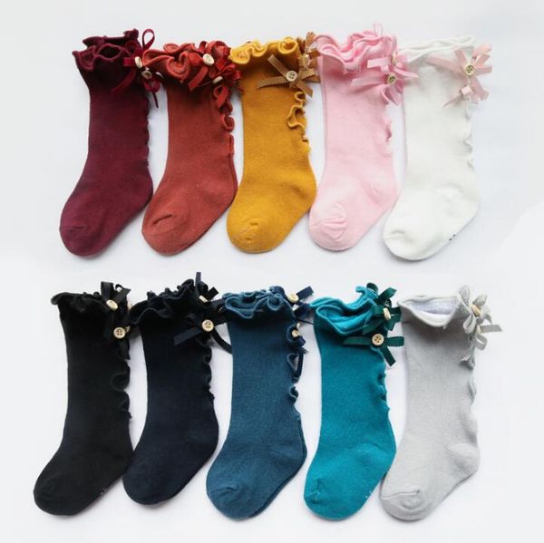 

10 colors new kids socks toddlers girls big bow knitted knee high long soft cotton lace socks baby ruffle socks, Pink;yellow