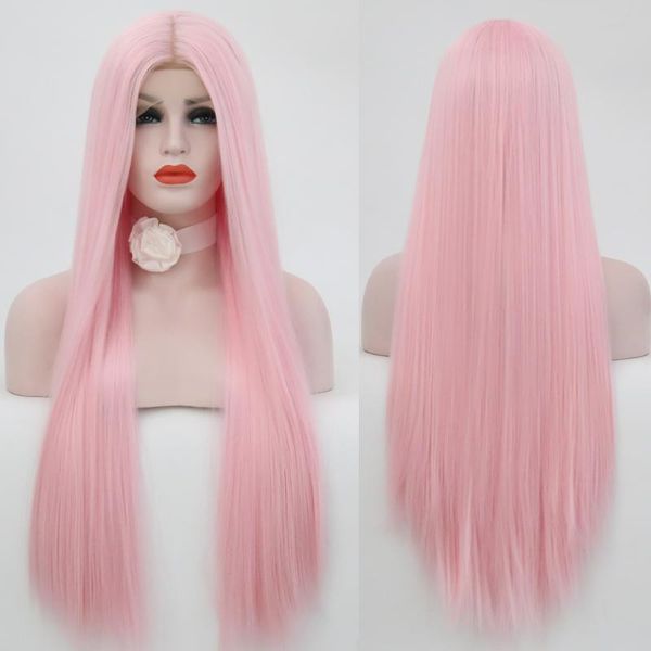 

средняя часть прямой парик ручной связали розовый цвет термостойкие волосы косплей синтетические кружева перед парики для женщин, Black