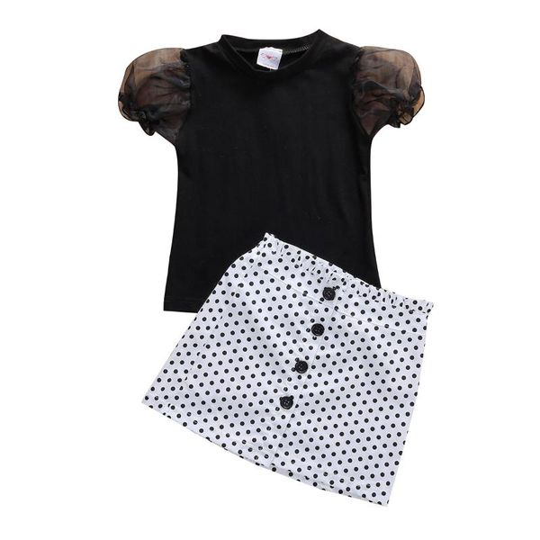 

boutique kid clothes 2pcs toddler baby girl clothes puff sleeve t-shirt+ polka dot skirt outfits 2020 summer, White