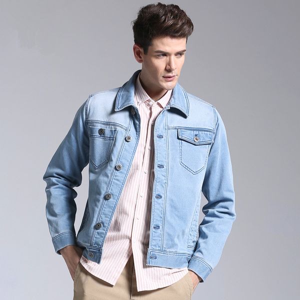 

light blue 2020 turn down collar single breasted pockets jean for men stretch denim casual jacket male, Black;brown