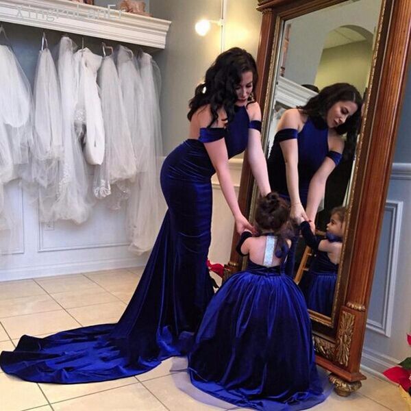 Royal Azul Mãe Filha Vestidos Bola Garotas Festa Destacável Destacável Destacável Mangas de Veludo Veludo Flor Flor Vestido para Casamento