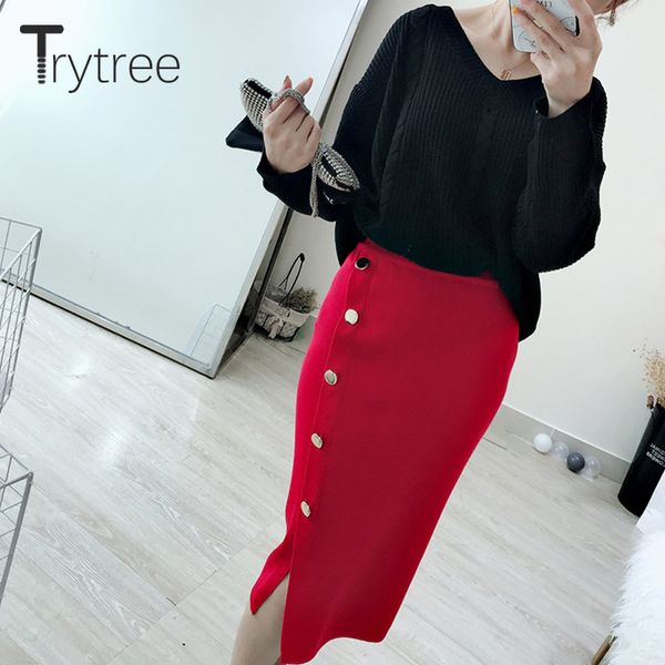 

trytree 2019 autumn winter women casual skirt elastic waist high waist knitting button split fashion mid-calf office lady skirt, Black