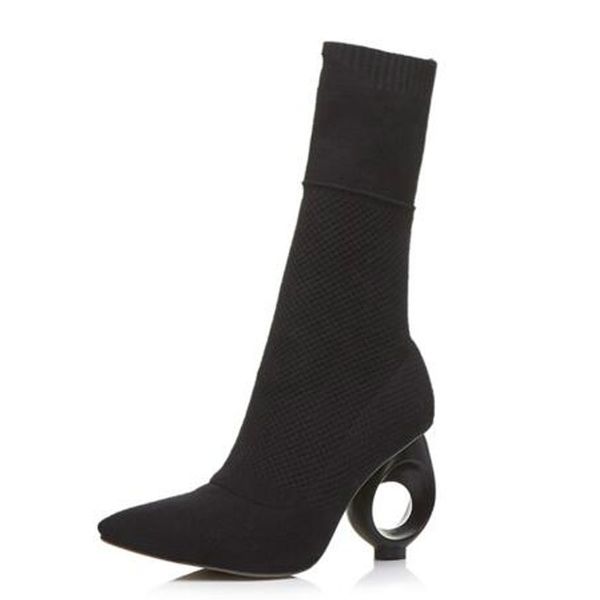 

2019 trendy design stretch sock boots ankle long strange fretwork heels pointy knitted boots size 34 - 40 black apricot