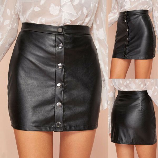 

women black pu leather pencil skirt bodycon high waist mini short skirt front fitted single-breasted women's 3fs