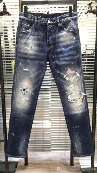 

items men jeans fashion designers design slim jeans motorcycle biker hip hop ripped paint style jeans trouser size 28-38, Blue