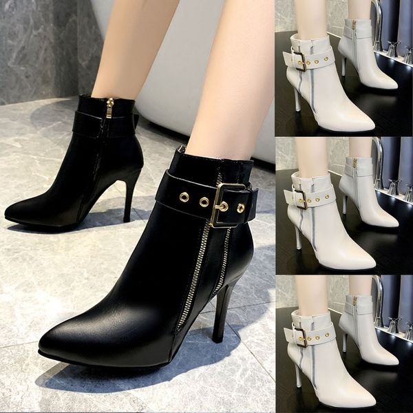 

women's stiletto high heel pointed ankle bare boots buckle casual short booties slim high heel buckle pointed ladies boots 107, Black
