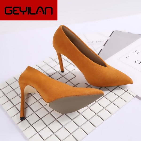 

europe and america deep v design high heels stiletto womens shoes suede pointed toe single shoes elegant party dress pumps, Black