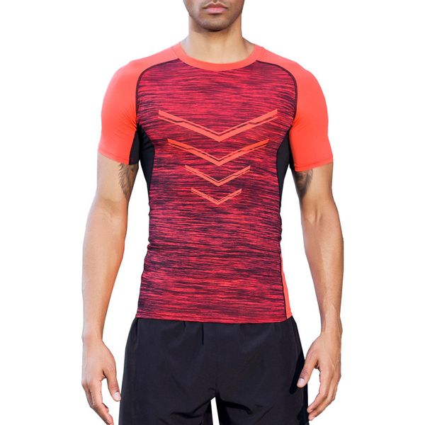 

men workout t shirts sports tight short sleeves outdoor training gym fitness sportswear tee breathable bodybuilding shirt man, Black;red