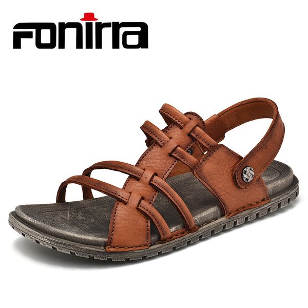 

fonirra genuine leather men sandals flats slippers summer natural leather new beach outdoor men casual shoes chaussure homme 513, Black