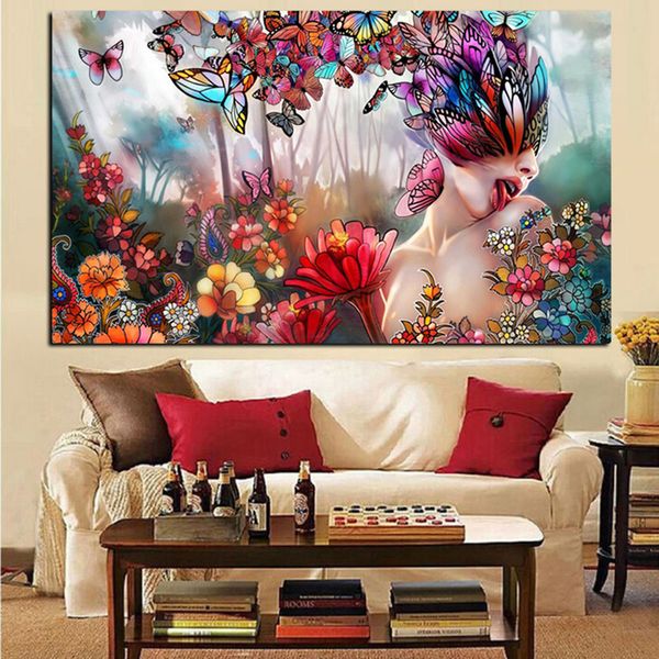 

colorful butterfly woman wall art canvas painting wall art for living room home decor (no frame