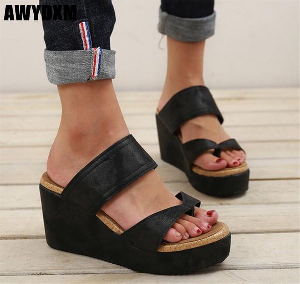 

women's slippers summer rome woman wedge platform casual shoes ladies outdoor beach flip flops female clip toe slides girls s009, Black