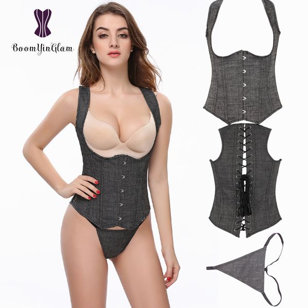 

840# ent metal busk clips shoulder straps corset vest denim corset underbust waist slimming, Black;white