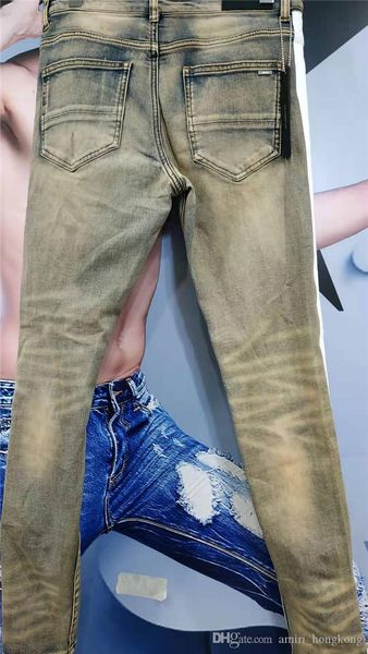 

new arrival mens designer jeans overalls vintage yellow mud style hole fashion mens jeans slim motorcycle biker causal mens hip hop pants, Blue