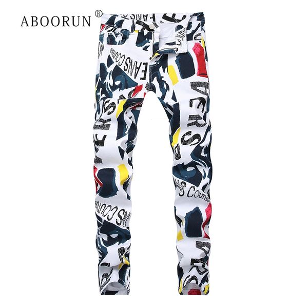

aboorun brand 2019 new men's fashion jeans men's white print stretch casual jeans slim trousers large size 40 42 r1649, Blue