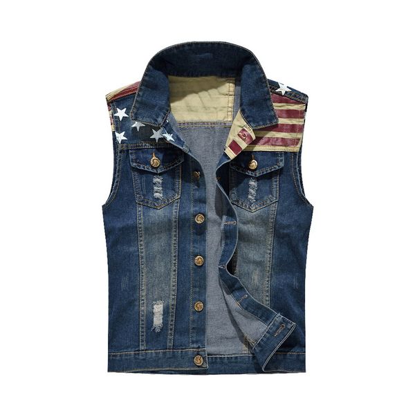 

litthing 2019 pleated design man denim vest hole washed jeans waistcoat men plus size 5xl denim vest male sleeveless jackets, Black;white