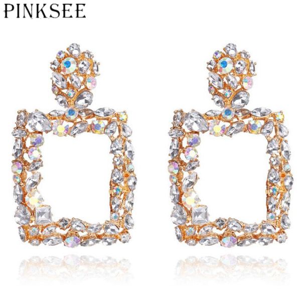 

pinksee elegant earrings for women rhinestone big square hollow drop earrings simple fashion ear hanging jewelry, Silver