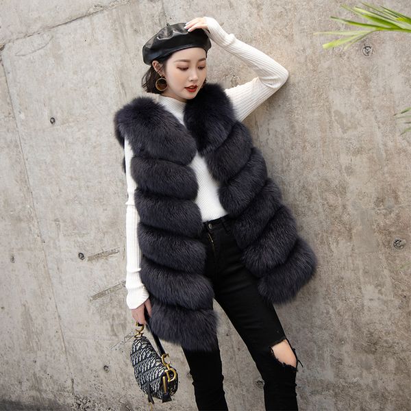 

2019 new real natural whole fur six-section vest ladies winter long warm fashion vest, Black