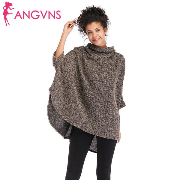 

new fashion women casual turtle-neck solid loose knitted cloak sweater regular fit, loose, asymmetrical hem, Black