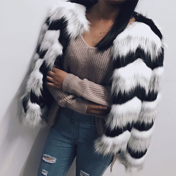 

women's fur & faux street fashion women coats colorful coat black white long sleeve collarless casual woman winter clothes