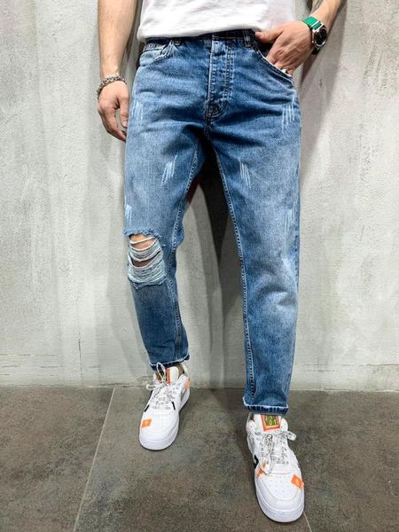 

men's jeans blue ripped straight pants plain color casual denim trousers