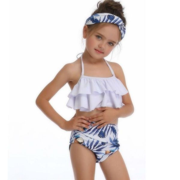 

new swimsuit girls two pieces swimwear kids children ruffles print bandage swimwear bathing suit bikini set outfits high quality, Blue