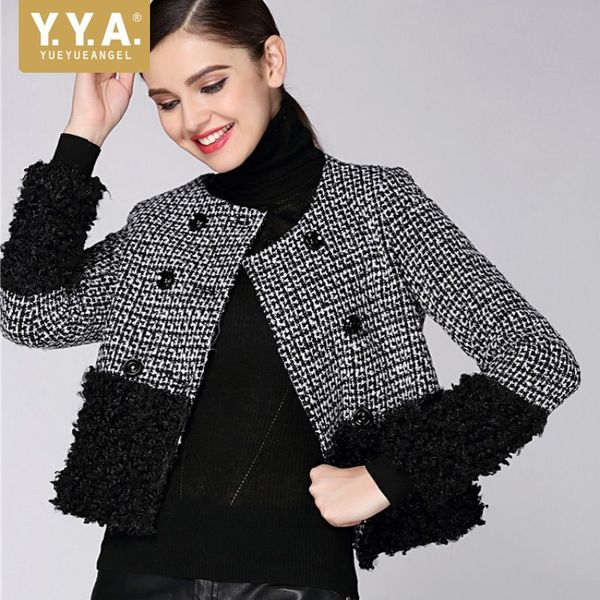 

brand 2019 new womens tweed jacket spliced double breasted office ladies short coat plaid autumn jacket women o neck streetwear, Black;brown