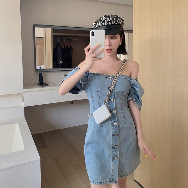 

2020 new korean-style single-breasted off-neck denim dress off-shoulder design french minority skirt summer slim fashion, Red