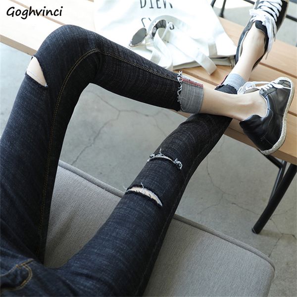 

trousers women ankle-length high waist jeans hole students womens skinny casual slim fit korean style plus size simple, Blue