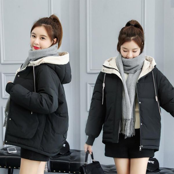 

2019 winter coat women raglan sleeve outwear cotton padded jacket female thick solid short style hooded plus size outwear, Black