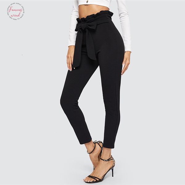 

black elegant trousers elastic waist women paperbag waist skinny pants belt office work ol lady 2019 high waist womens pants, Black;white