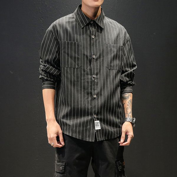 

plus size 5xl- shirt men spring long sleeve men shirt loose striped shirts for front pocket design casual blouses homme, White;black