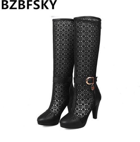 

bzbfsky summer long knee high riding boots female white black lace mesh buckle strap ladies plus size summer boot shoes