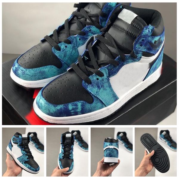 

new 1 tie-dye mens basketball shoes womens sneakers baskets 1s tie dye blue black trainers sports zapatos