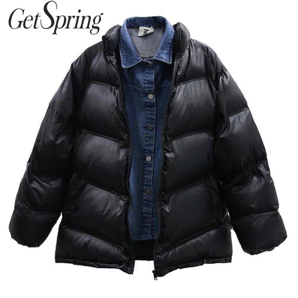 

getspring women parka denim patchwork fake two women parka winter outwear jacket coat color matching fashion winter coats 2019, Black
