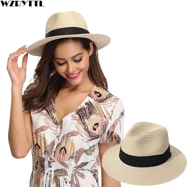 

женщины лента широкие поля панама соломенная шляпа fedora beach sun hat upf50 sun floppy лето лодочник леди кентукки дерби призвание, Blue;gray