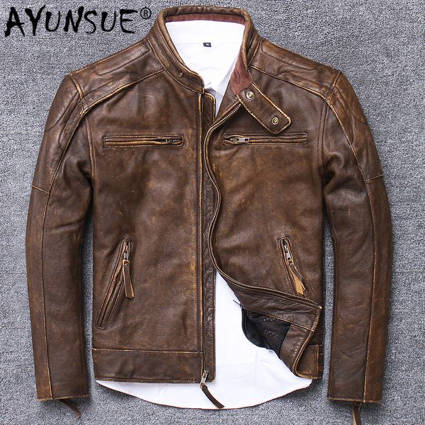 

men's leather & faux ayunsue genuine jacket men real cow coat vintage motorcycle man short brown cowhide coats u15617-3 j3209, Black