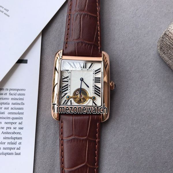 Nieuwe W5330003 Rose Goud Zilver Textuur Grote Roma Mark Tourbillon Automatisch Herenhorloge Bruin Lederen Horloges Hoge Kwaliteit Voor Timezonewatch E58