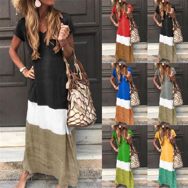 

clothes gradient v-neck t-shirt dress s-5xl women summer loose contrast color patchwork short sleeve long dress beach party dresses cz522, Black;gray