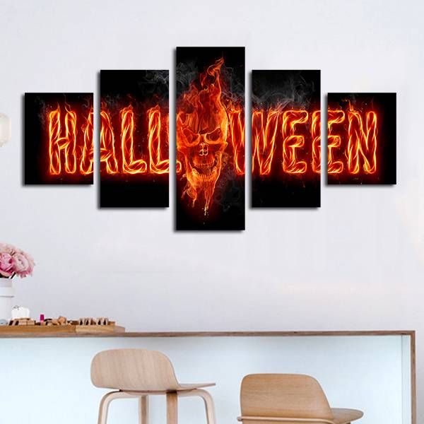 

5pcs/set unframed halloween word and the skull fire hd print on canvas wall art painting for living room decor