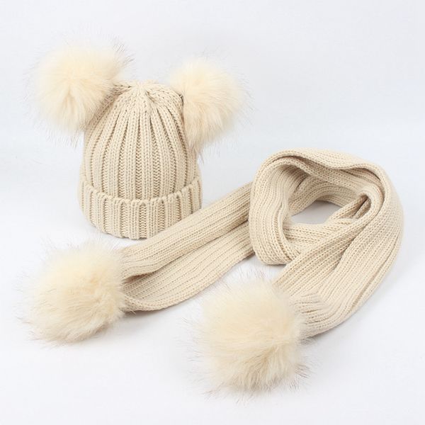 Fashion-8styles Berretti invernali per bambini Sciarpa Set Pom Pom Cappelli in maglia Sciarpe Ragazze Pelliccia solida SkWraps Berretto in lana a doppia sfera Fazzoletto da collo FFA3159