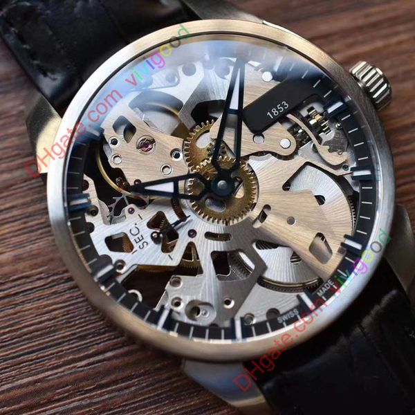 

t070.405.16.411.00 watch stainless steel skeleton dial with black leather strap unitas-6497-2 21600vph hand-winding mens watch, Slivery;brown